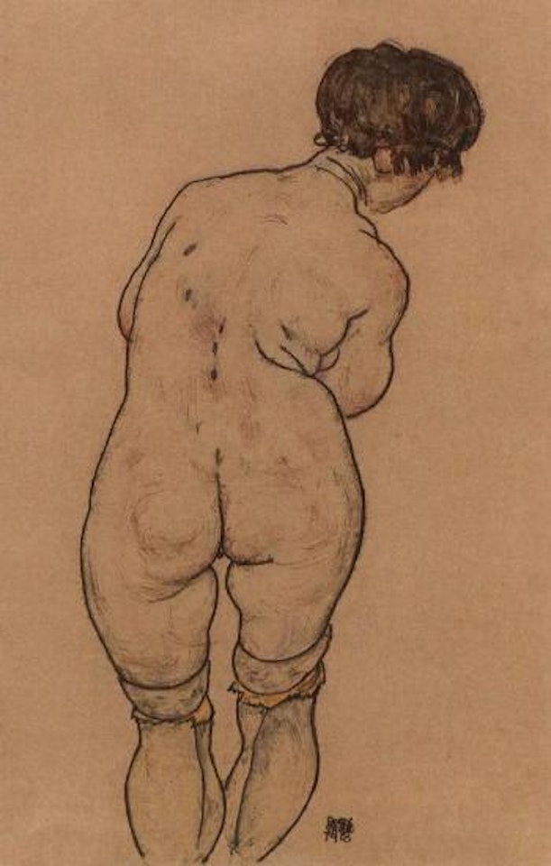Standing female nude seen from behind by Egon Schiele