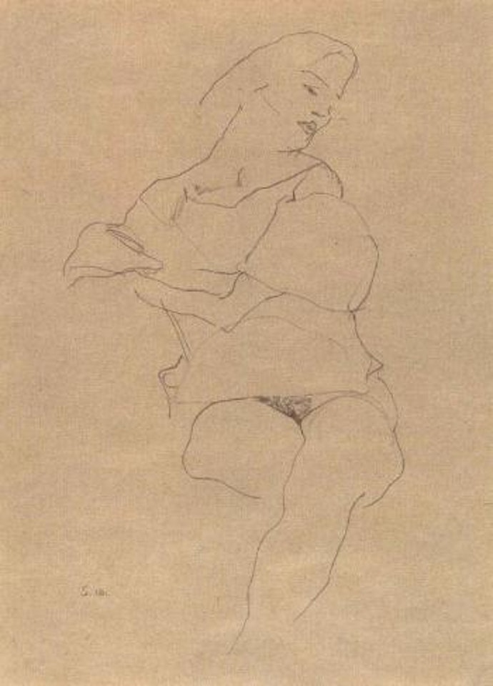 Seated woman with raised skirt by Egon Schiele