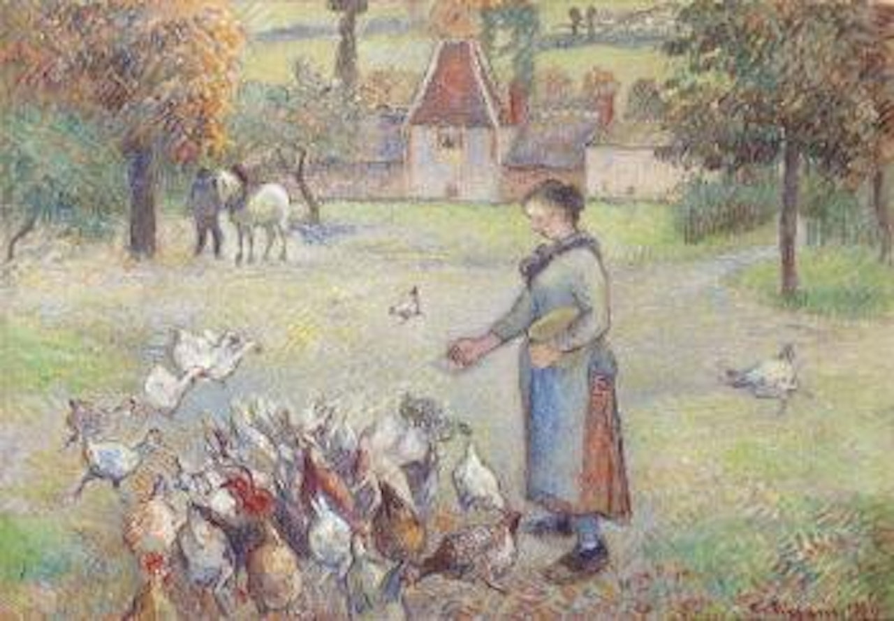 Femme distribuant du grain a des poules, ferme a Bazincourt by Camille Pissarro