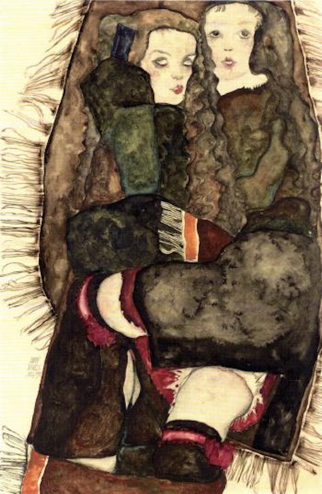 Zwei Madchen auf einer Fransendecke. Akt eines stehenden Knaben by Egon Schiele
