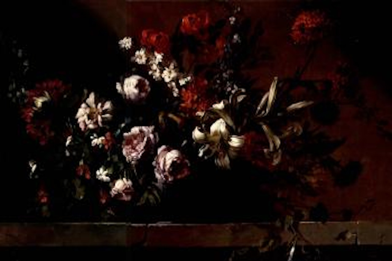 Still life of flowers in ceramic dish on stone ledge by Jean Baptiste Monnoyer