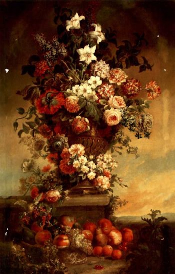 Still life of flowers in urn on stone ledge by Jean Baptiste Monnoyer