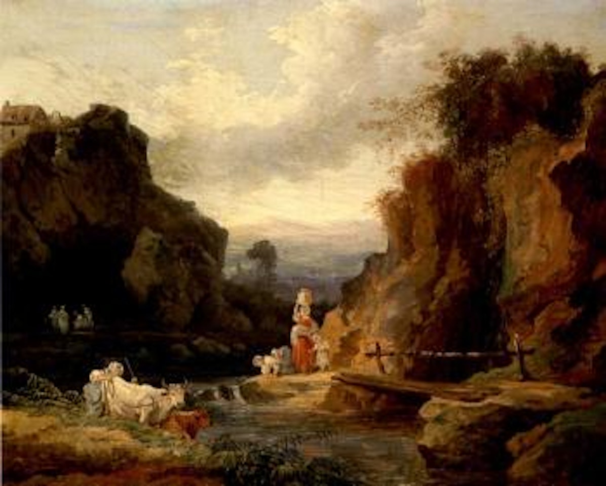 Figures by footbridge in river landscape by Hubert Robert
