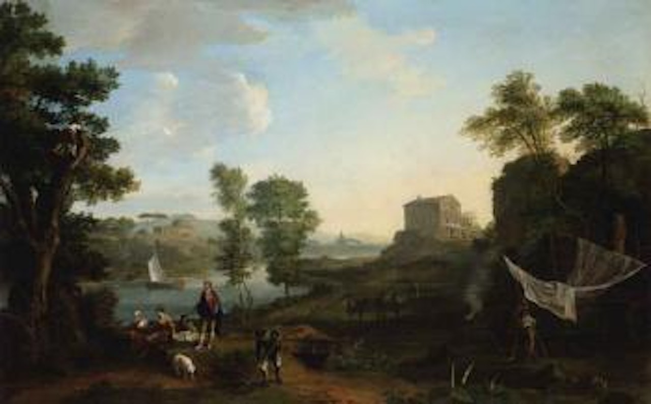 Landscape with figures by river by Roman School