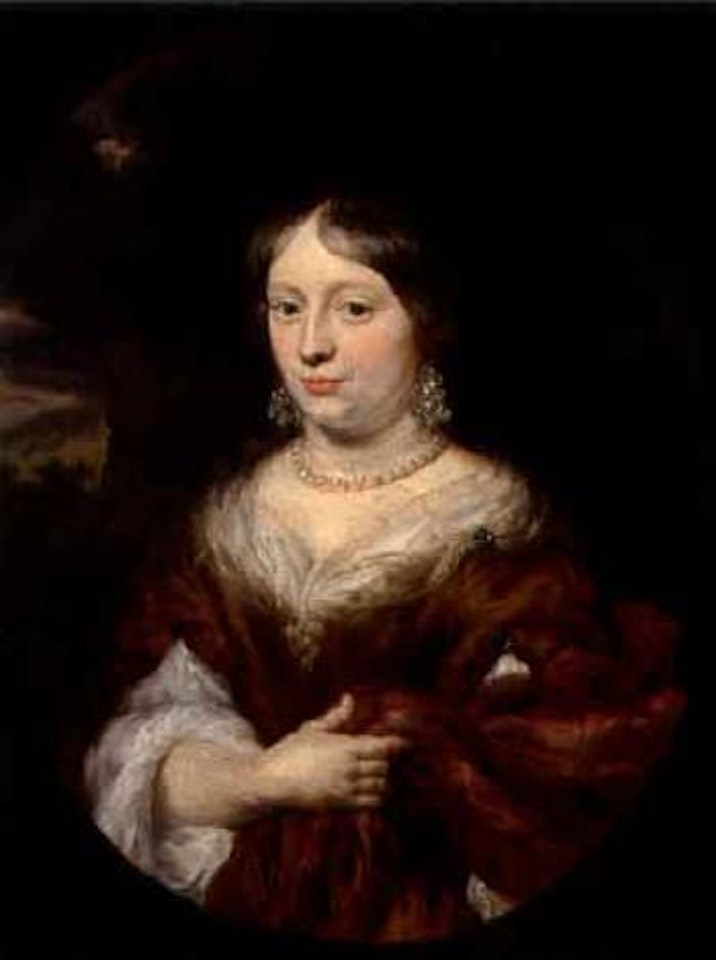 Portrait of lady with orange and white dress by Nicolaes Maes