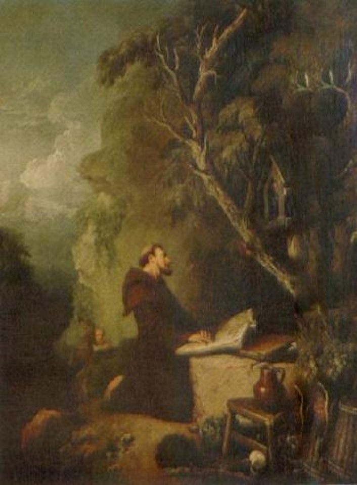 The Penitent Saint Francis in a rocky landscape by Christian Wilhelm Ernst Dietrich