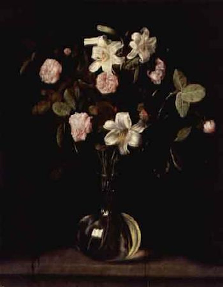 Still life of roses and lilies in glass vase by Dutch School