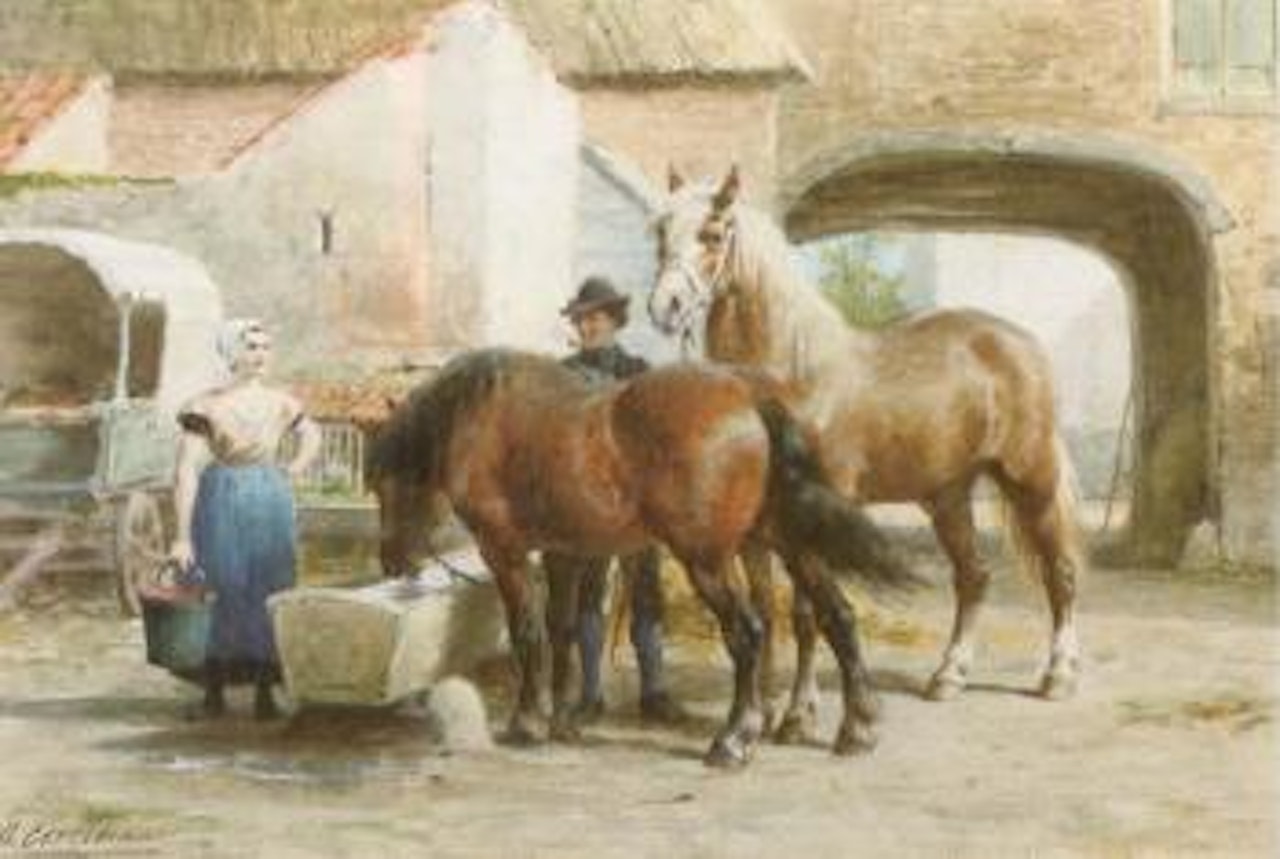 Tending to the horses in a courtyard by Otto Eerelman