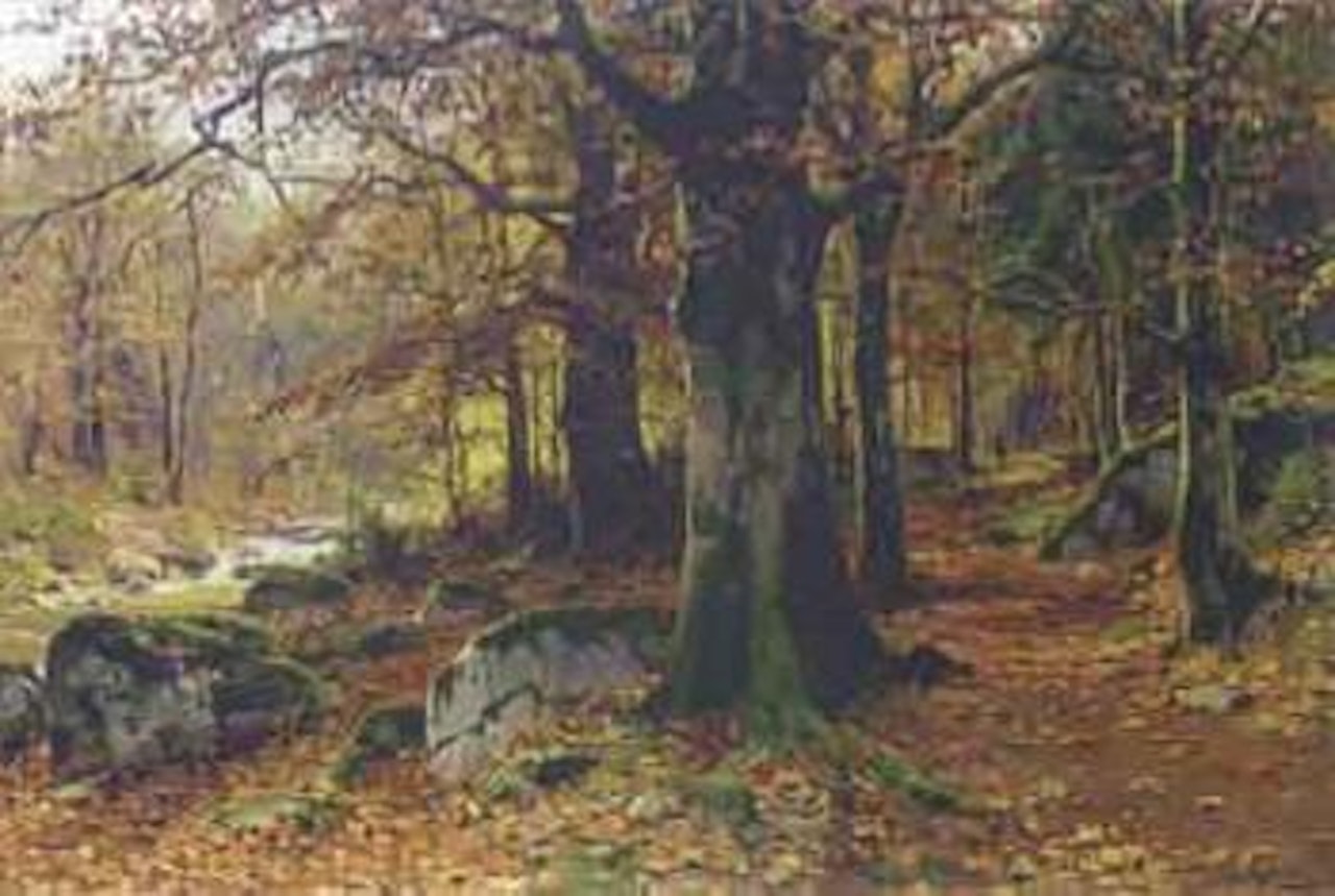 Autumn wood with hunter and dog on path by stream by Walter Moras