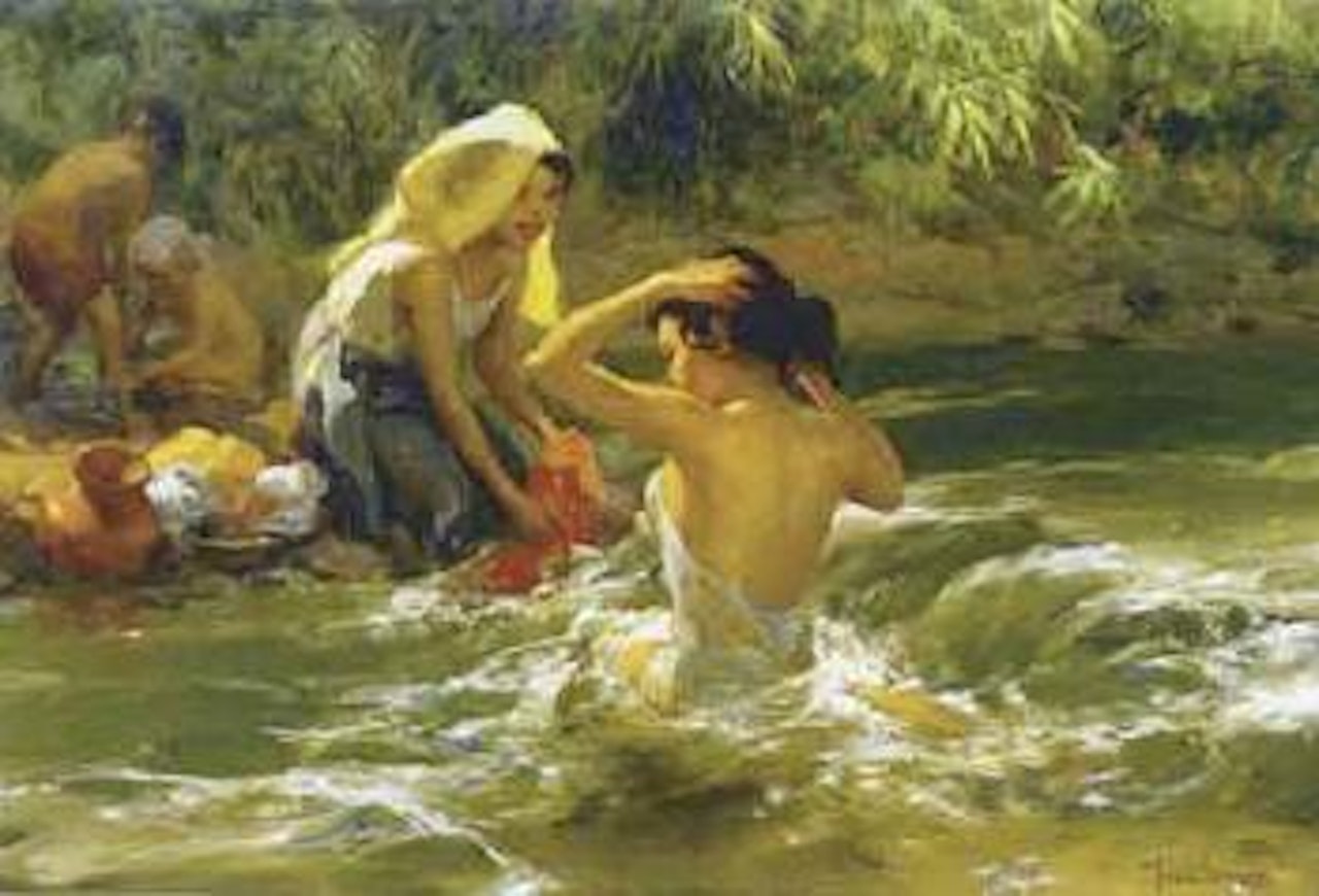 Naked woman bathing and woman washing clothes in stream by Fernando Amorsolo