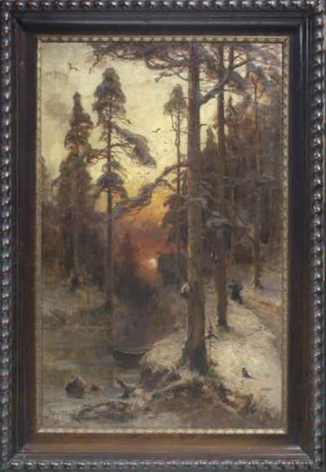 Winter woodland with stream at sunset by Yuli Yulievich Klever the Younger