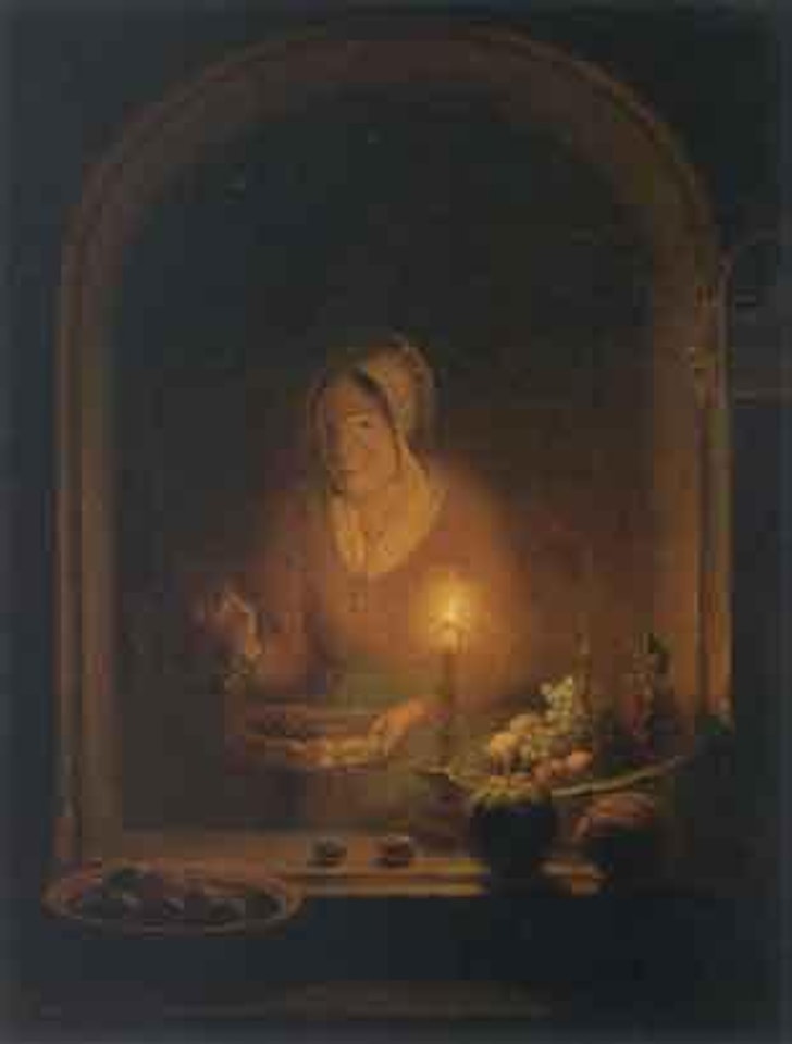 Marketwoman offering fruit in window opening by Petrus van Schendel