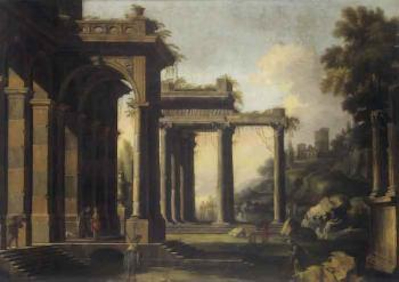 Architectural capriccio with ruins and figures by Gennaro Greco
