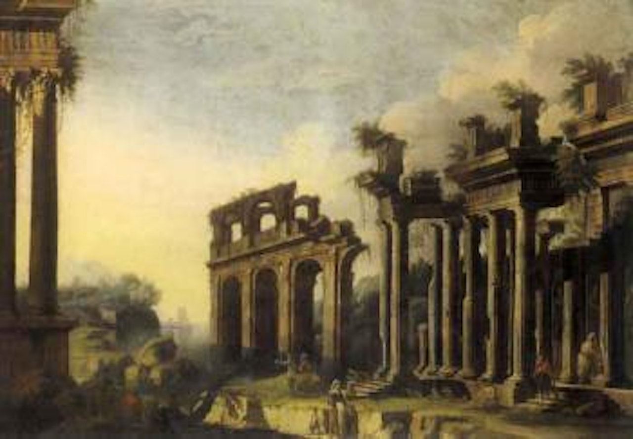 Architectural capriccio with ruins and figures by Gennaro Greco
