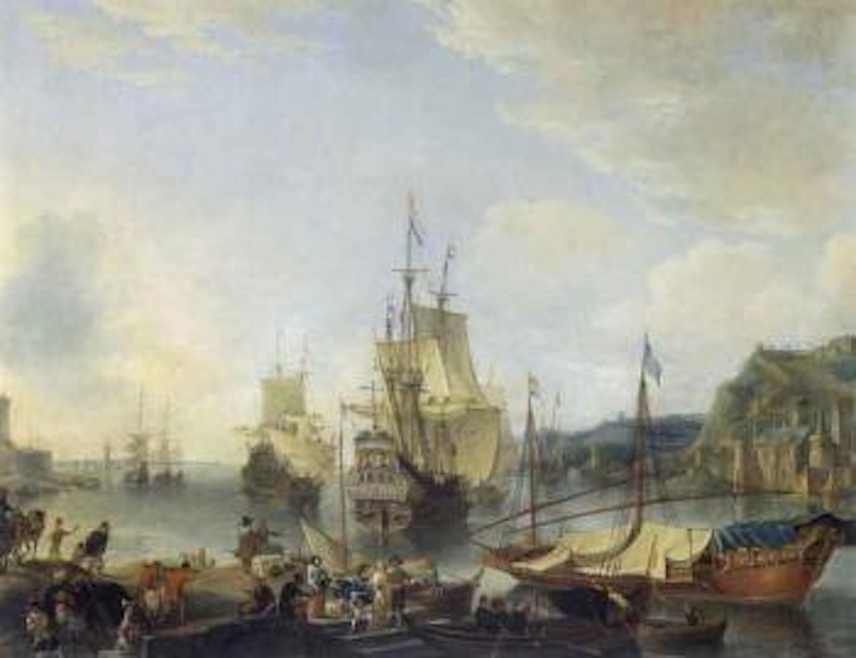 Southern port with two Dutch warships, boats and figures by Jan Abrahamsz. Beerstraten