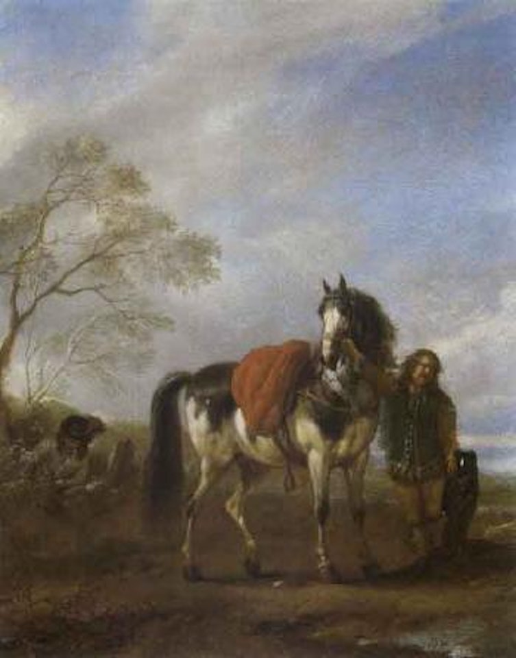 Resting horseman with horse and dog in landscape by Philips Wouwerman