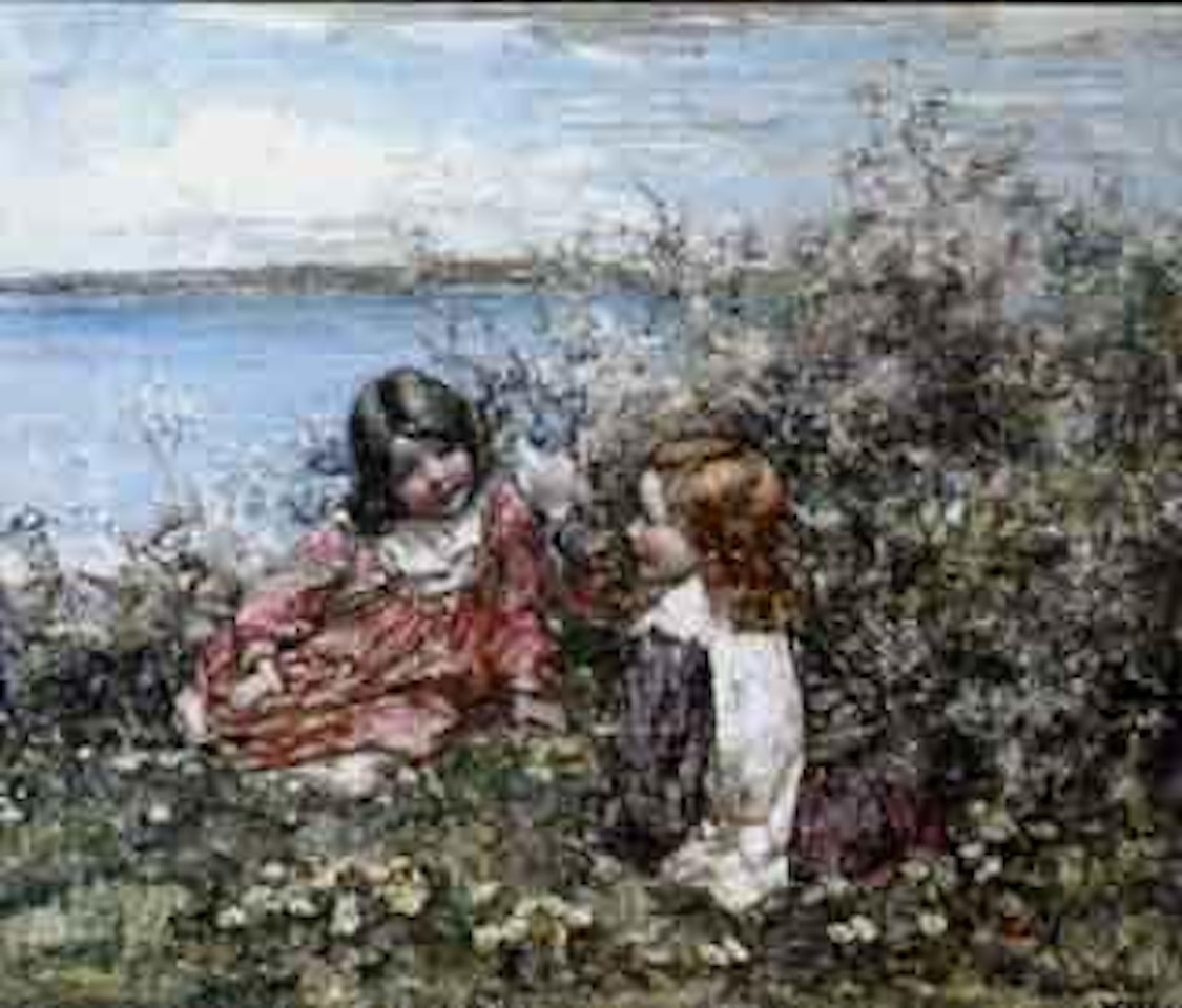 Primrose gatherers, two girls sitting amongst primroses by the sea by Edward Atkinson Hornel