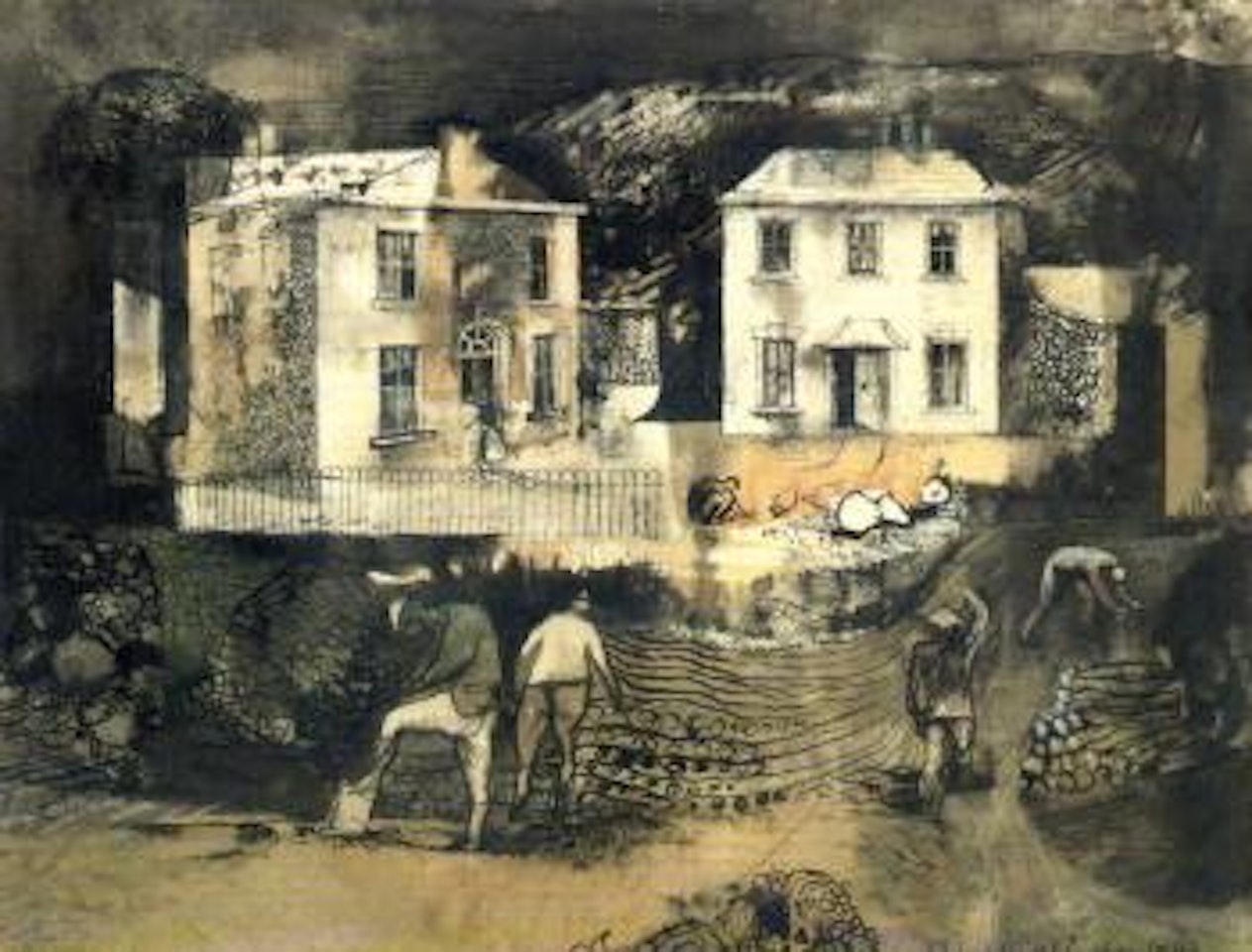 Houses in a landscape with figures by Keith Vaughan