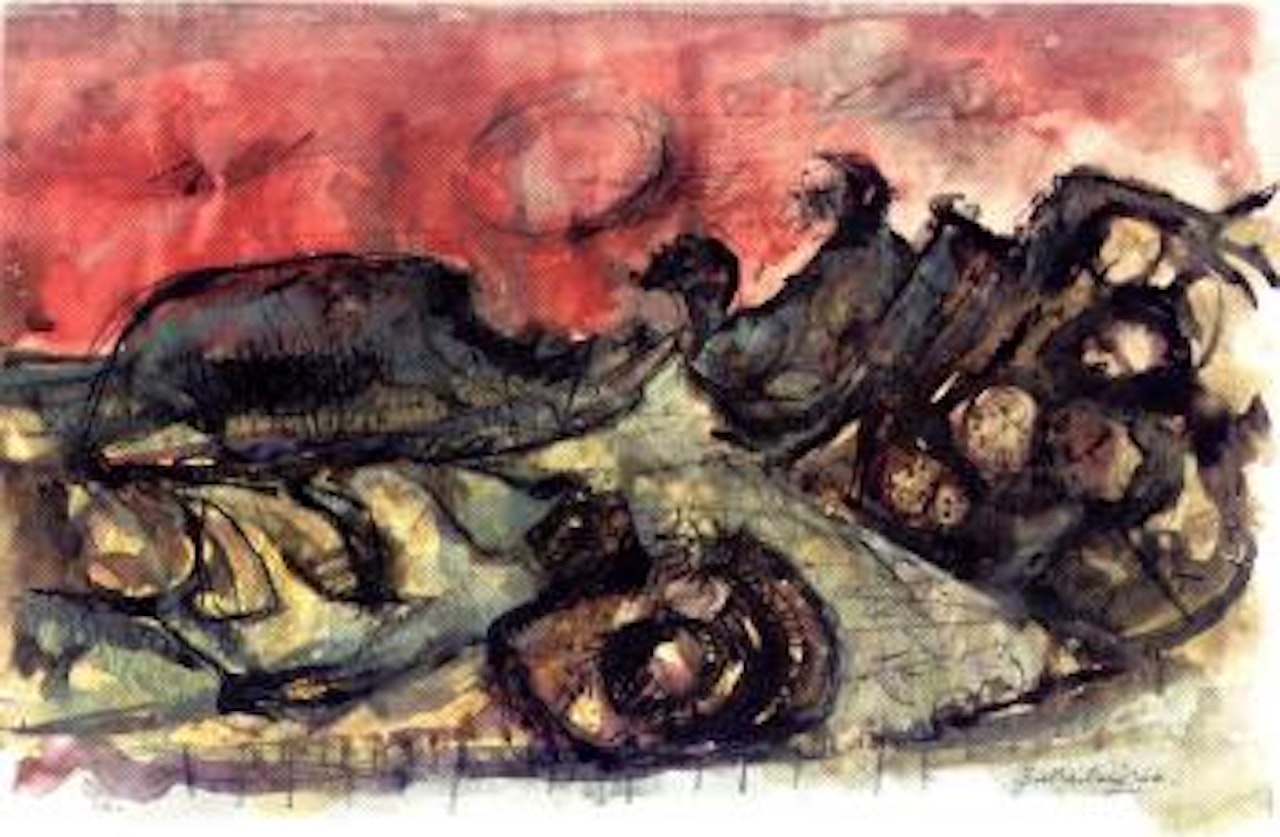 Landscape with red sky by Graham Sutherland