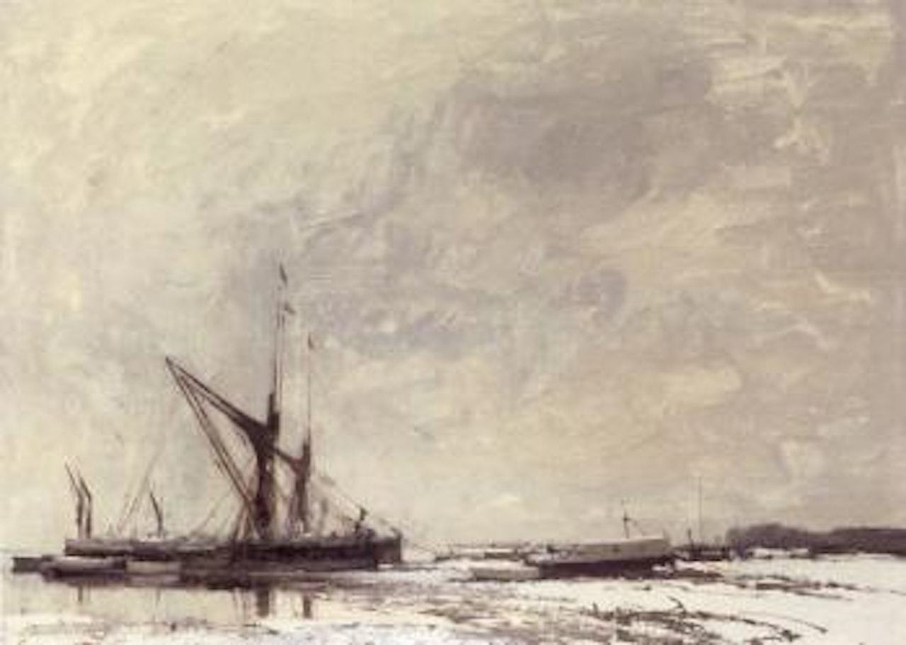 Barges in the snow, Pin Mill by Edward Seago