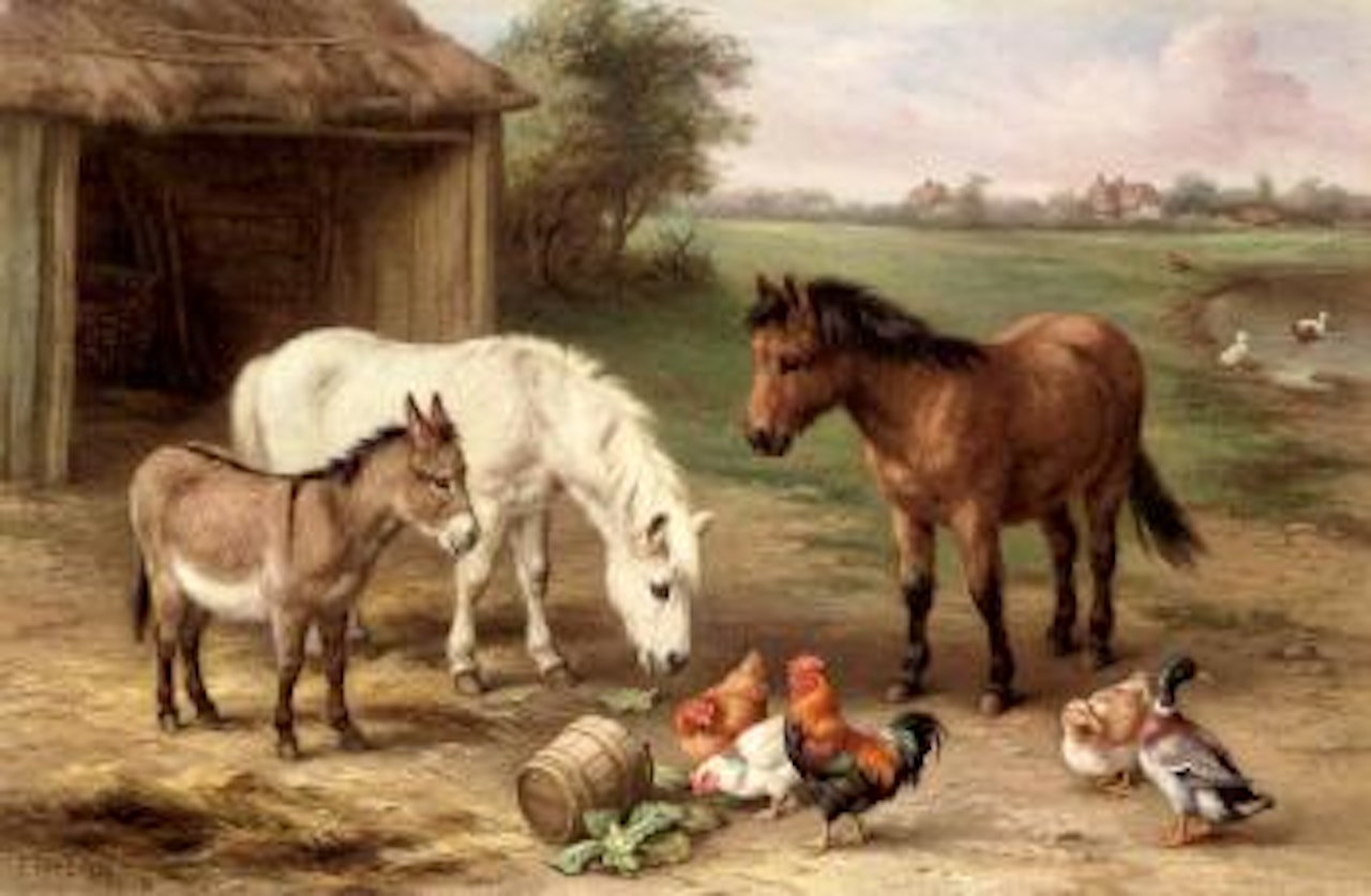 A donkey, two ponies, chickens and ducks by a pond by Edgar Hunt
