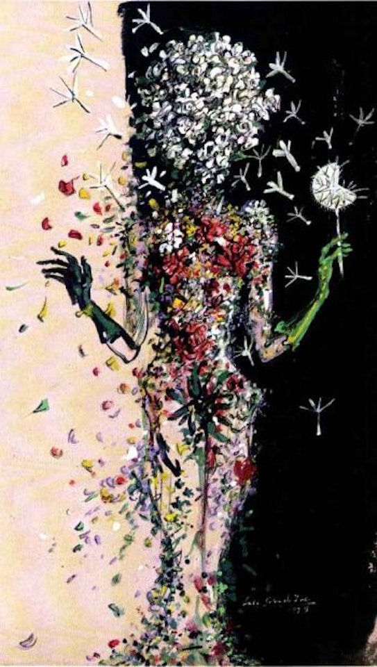 Femme a tete de fleurs tenant une fleur de pissenlit by Salvador Dali