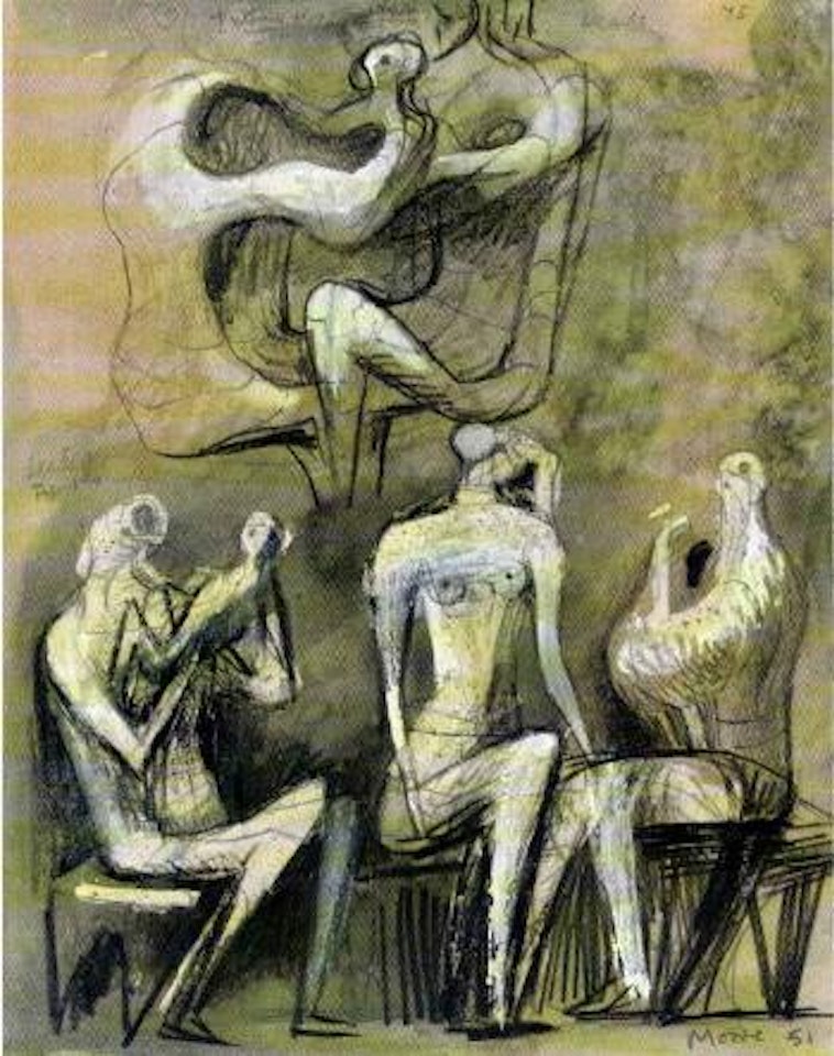 Seated figures. Heads by Henry Moore
