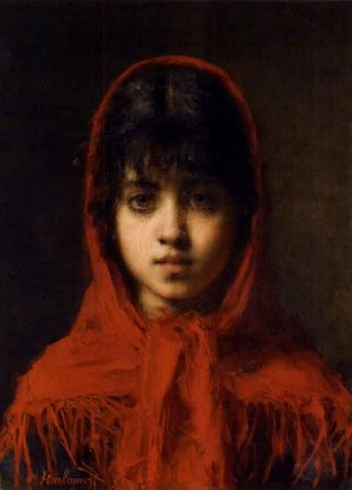 Young girl in red shawl by Alexei Harlamoff