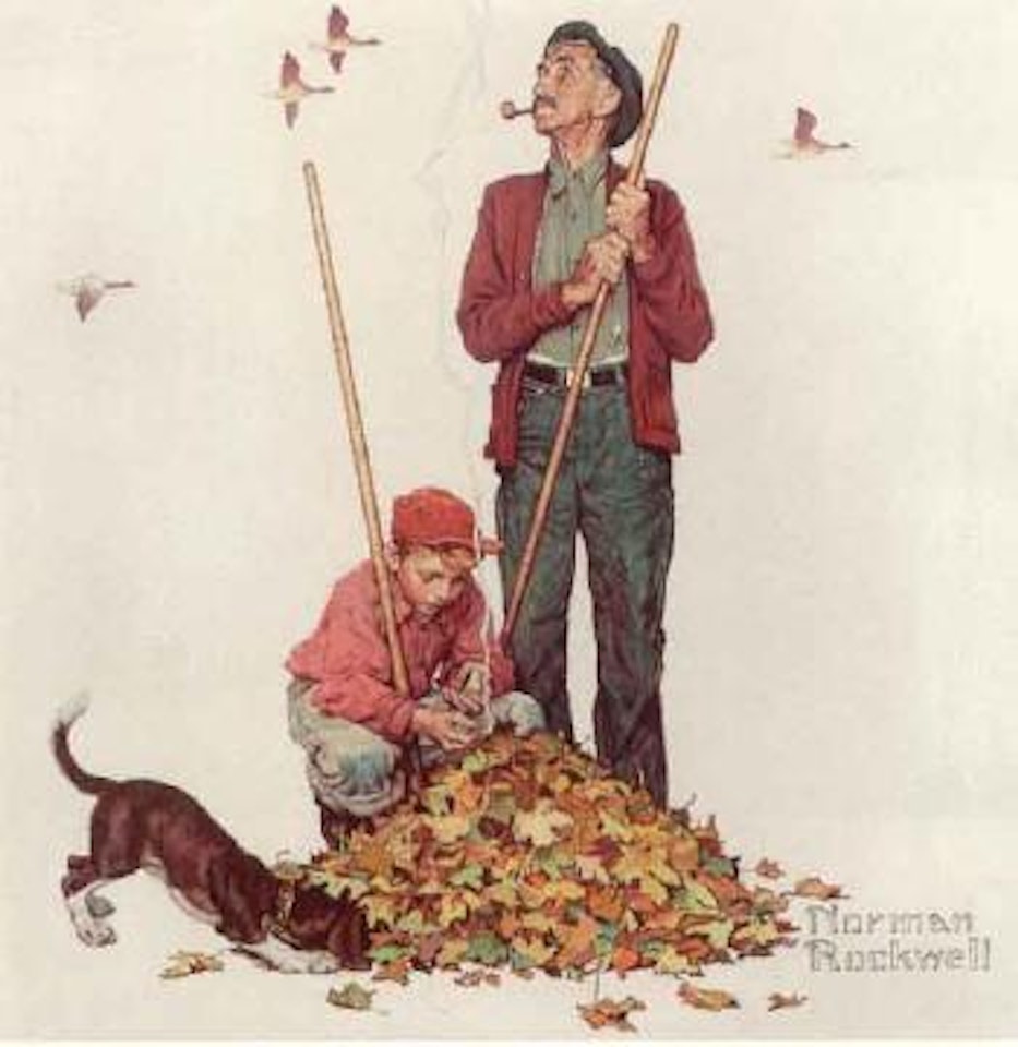 Grandpa and me raking leaves by Norman Rockwell