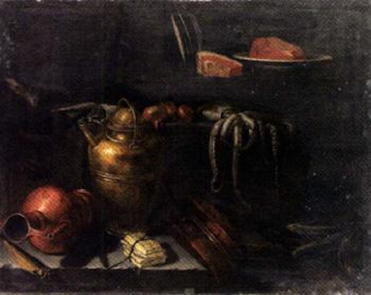 Fish and copper pots on stone ledge by Giuseppe Recco