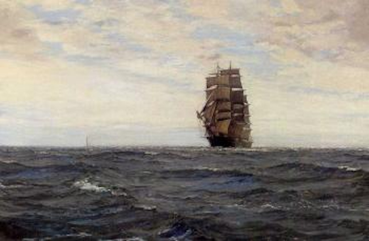 Pamir in the Channel off Wolf Rock lighthouse by Montague Dawson