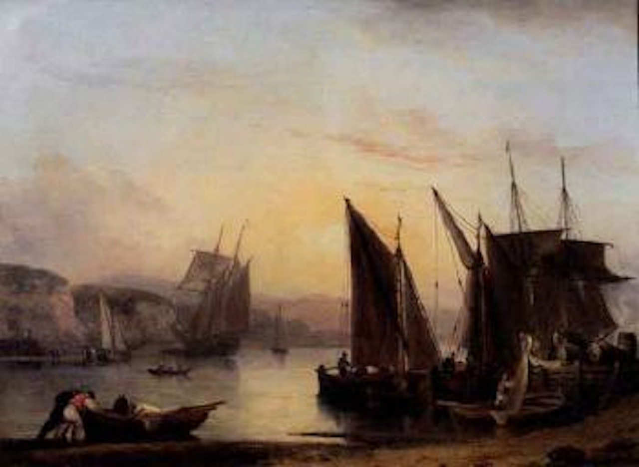 Coastal estuary with ships unloading cargo by Thomas Luny