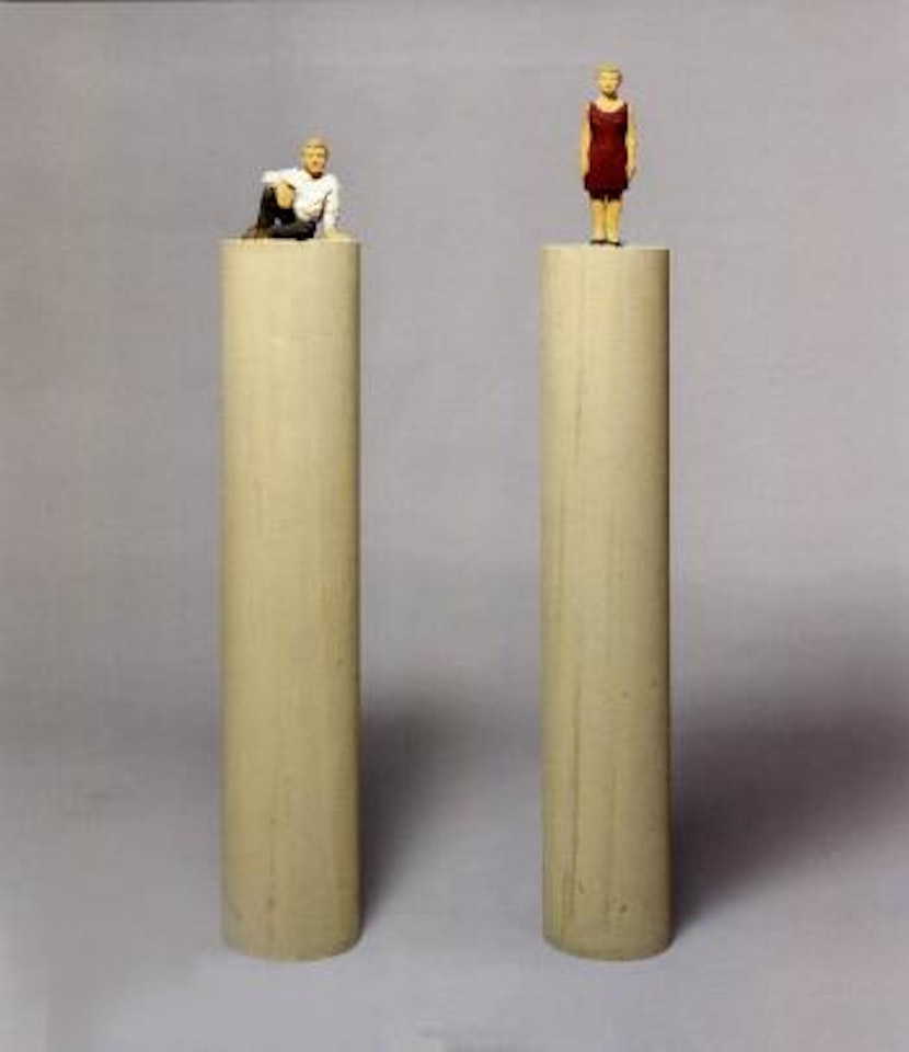Untitled, two small figures on columns by Stephan Balkenhol