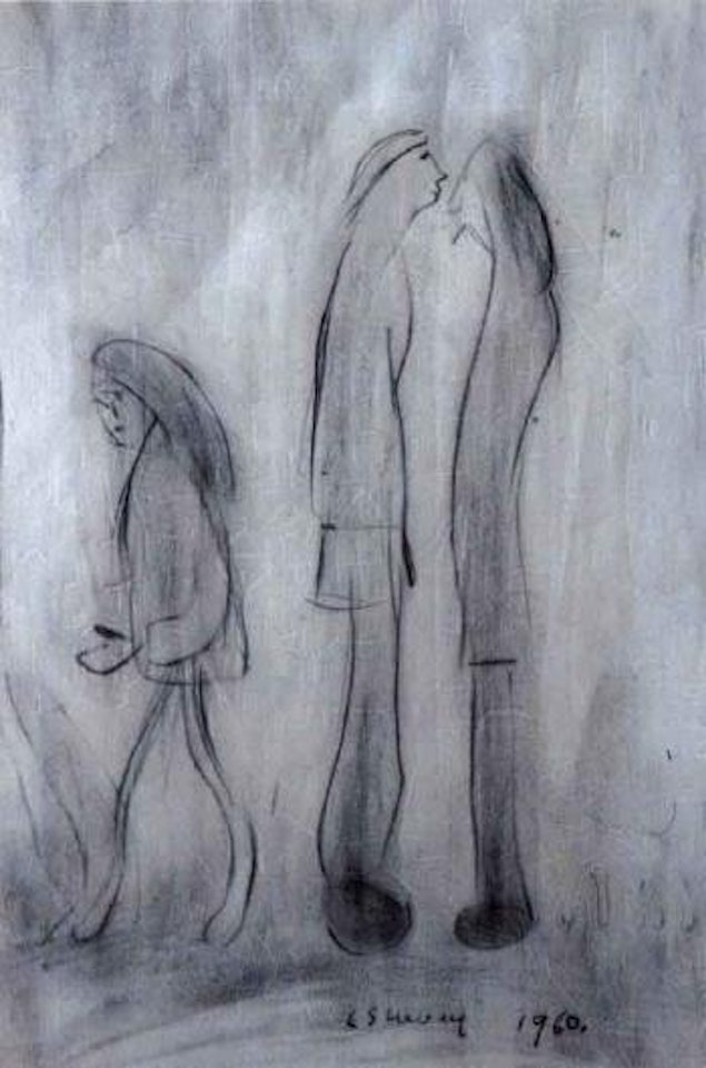 Three figures, one smoking a cigarette by Laurence Stephen Lowry