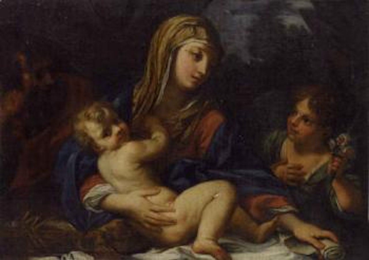 Holy Family with an angel holding roses by Attributed to Carlo Maratta