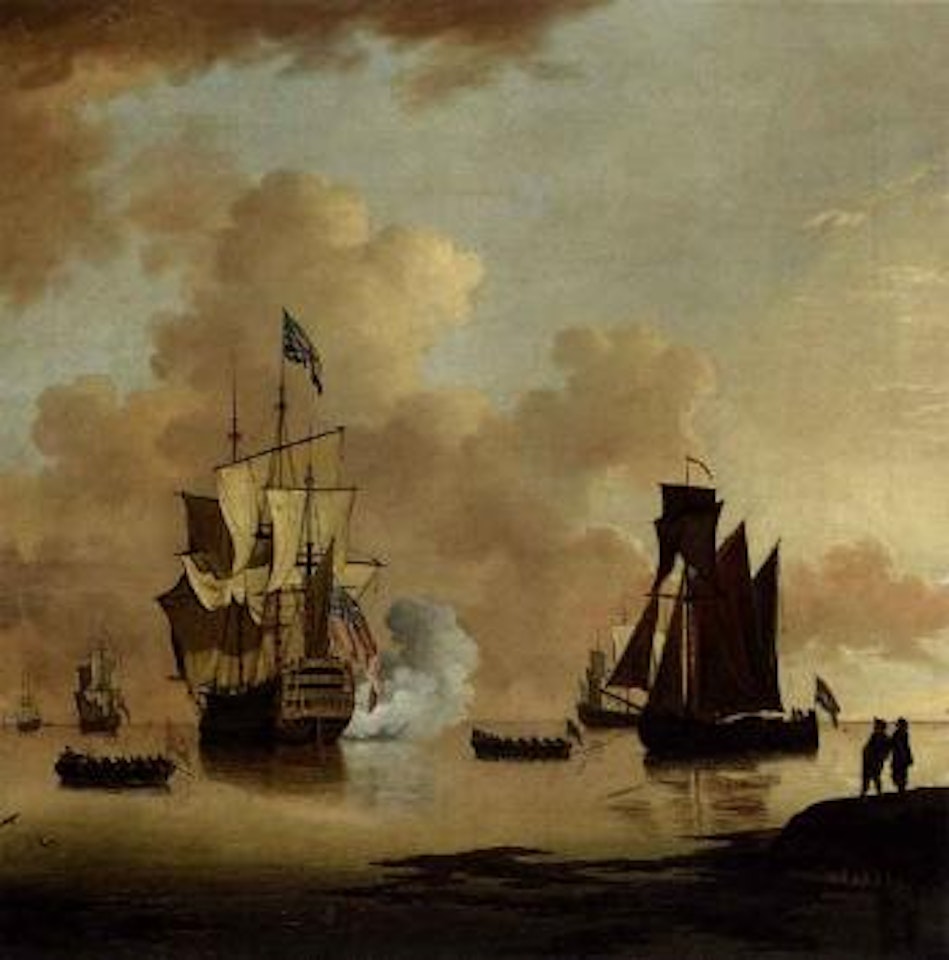 British man of war firing a salute, with a Dutch barge off the coast by Francis Swaine