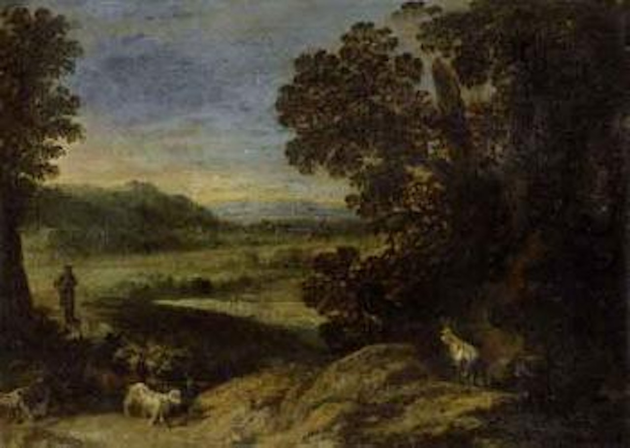 Goat herd near a wood in an extensive landscape by Paul Bril