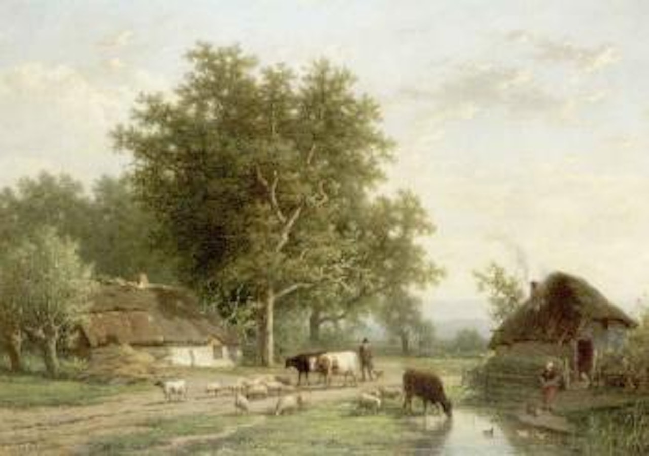 Cattle, sheep and drover on a country lane by Alexander Joseph Daiwaille by Eugène Joseph Verboeckhoven