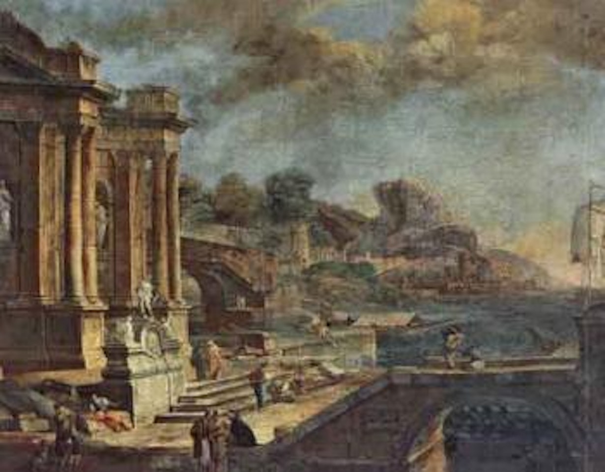 River landscape with ancient ruins by Italian School