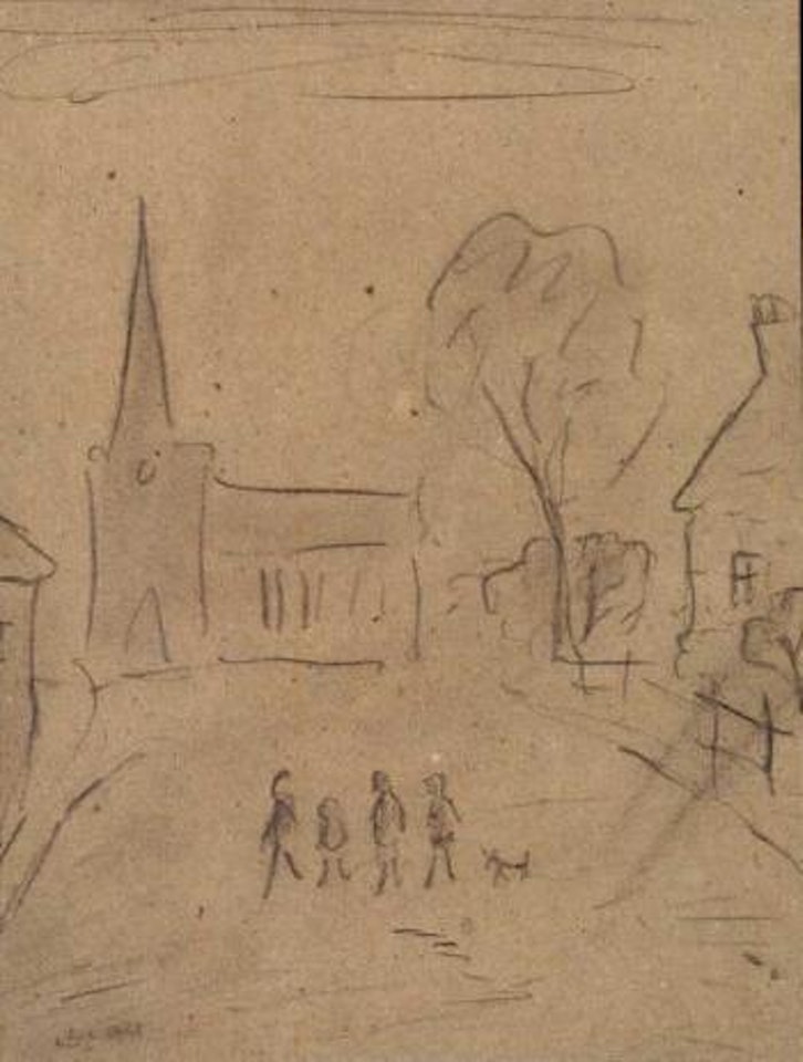 A village scene with church and figures by Laurence Stephen Lowry