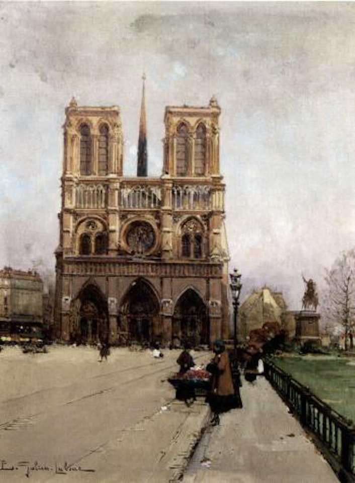 Flower seller at Notre Dame, Paris by Eugene Galien-Laloue