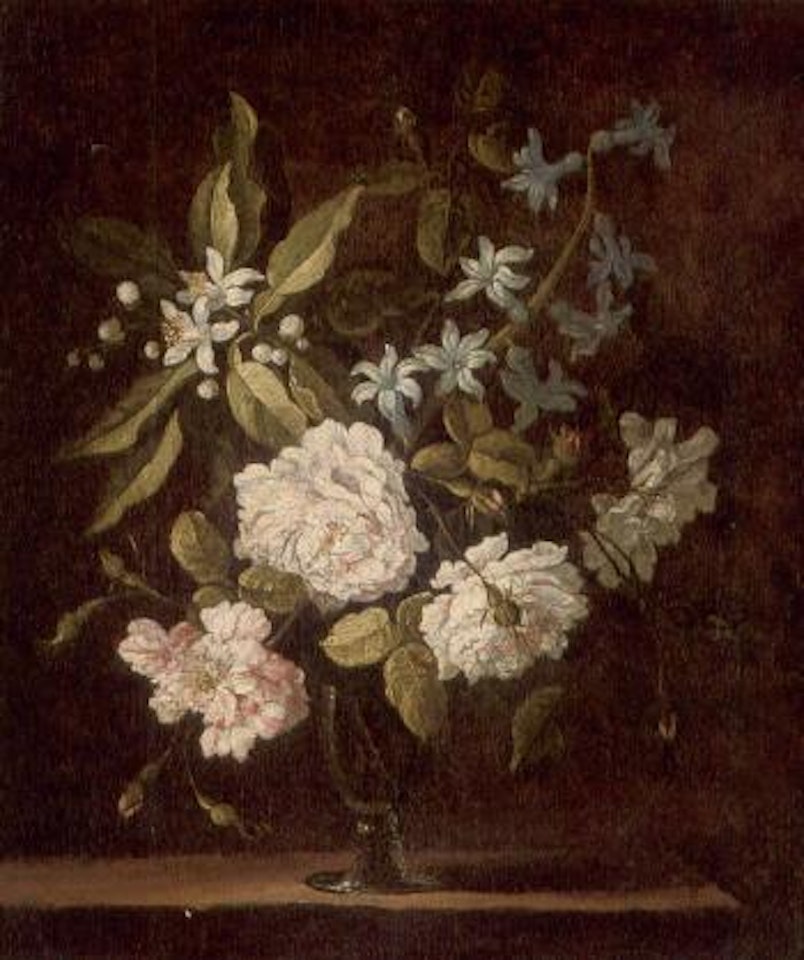 Roses, orange blossom and hyacinths, in a glass vase on a ledge by Jean Baptiste Monnoyer