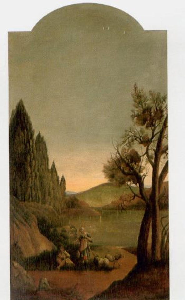 River landscape with shepherds playing music. Landscape with anglers by Dutch School