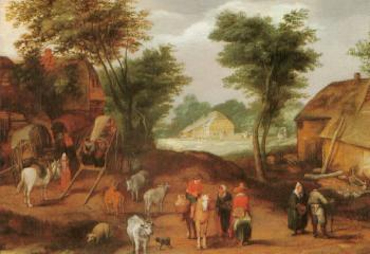 Travellers conversing in a village by Adriaen van Stalbemt
