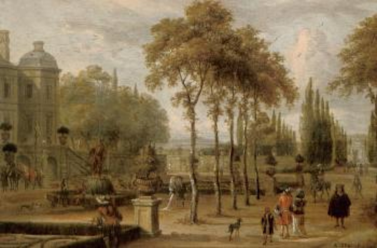 Elegant company in a garden by a mansion by Abraham Storck