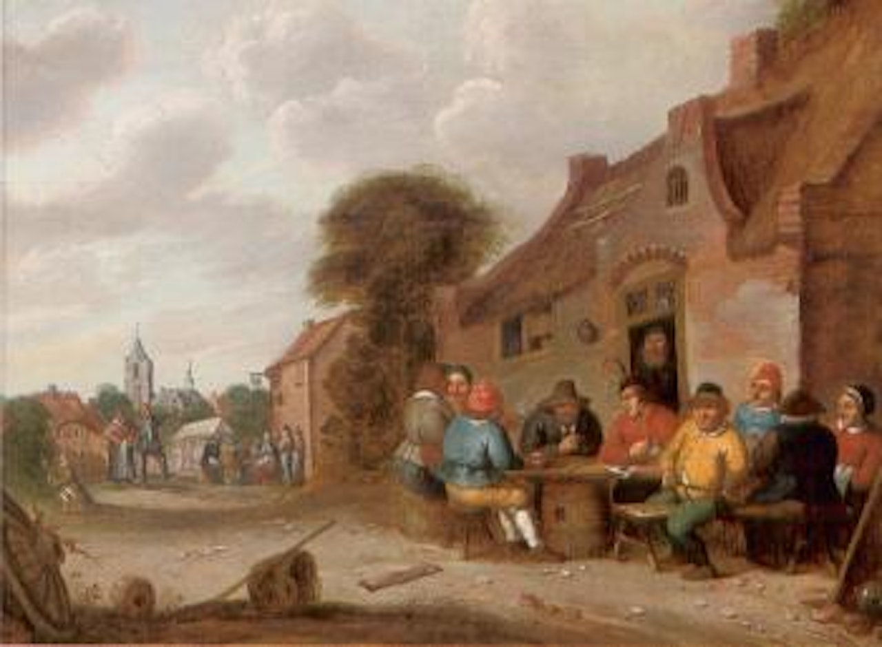 Peasants drinking and smoking outside a tavern by Joost Cornelisz Droochsloot