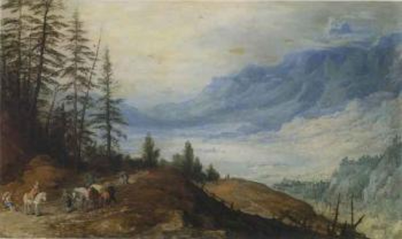 Mountainous landscape with travellers by Jan Brueghel by Joos de Momper the Younger