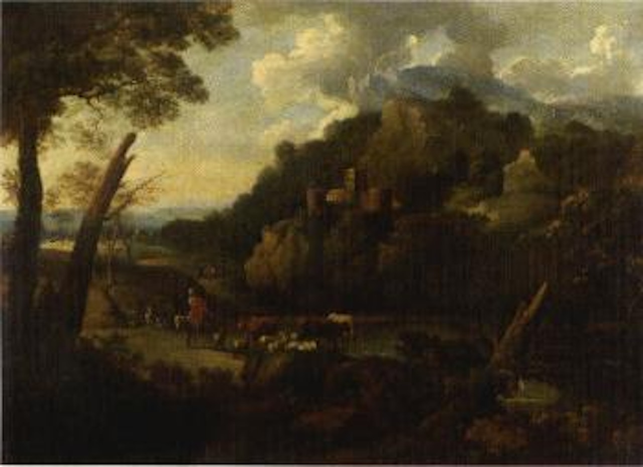Landscape with shepherdess by lake by Dutch School