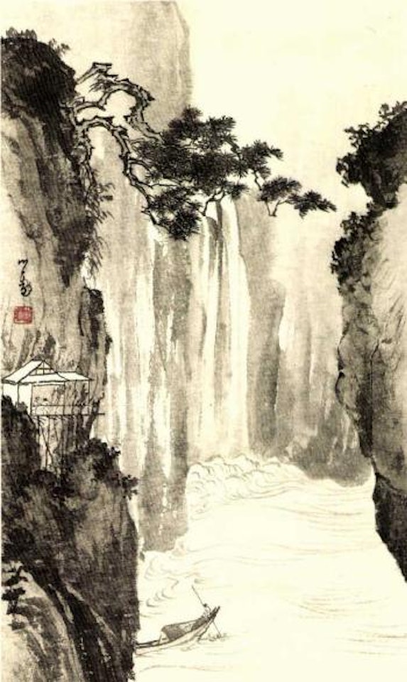 A hut by a waterfall by Pu Ru