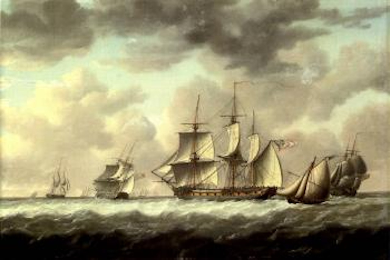 Frigate heaving-to in the Channel amidst other ships and an armed cutter by Charles Martin Powell